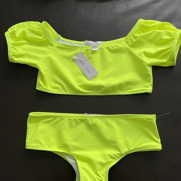 Stella Cove neon yellow 2 piece set swimsuit bikini size 16y covered shoulders - Picture 2 of 5